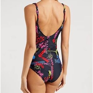 Ganni Black One-Piece Swimsuit with Neon Pink Blue Yellow Graphics